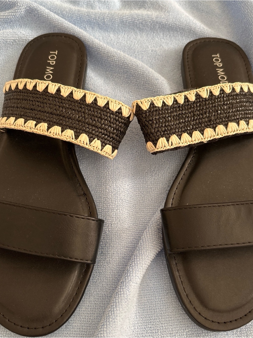 TOP Moda Black Slide Sandals with Natural Trim
